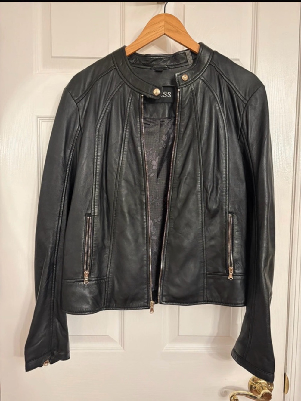 Guess Black Leather Women's Moto Jacket with Zip Pockets